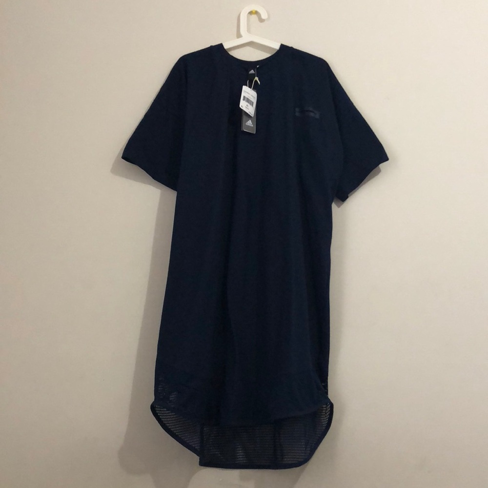 Blue, long shirt.